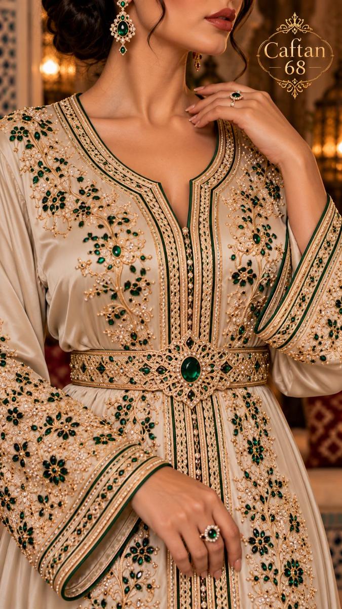 Caftan Ivoire et Émeraude – Broderies Dorées — 4