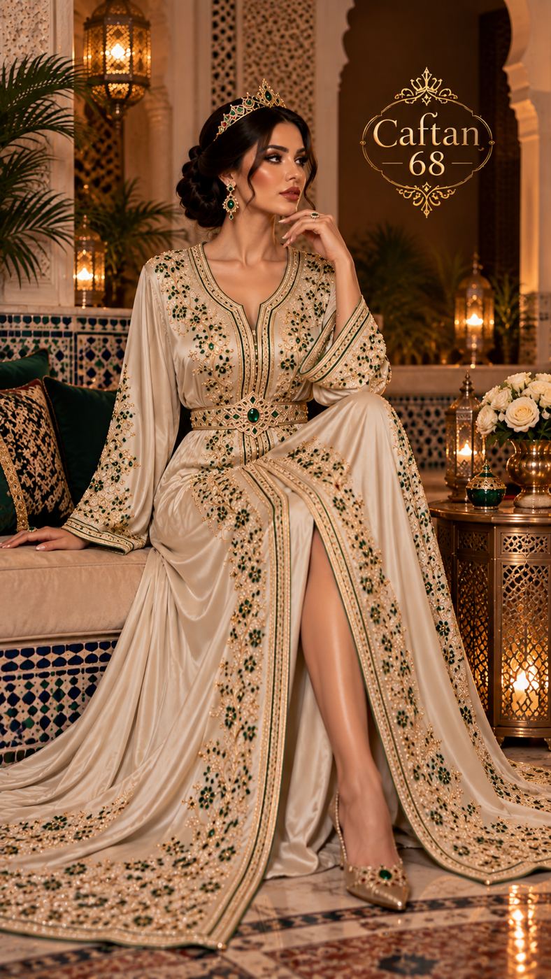 Caftan Ivoire et Émeraude – Broderies Dorées — 3