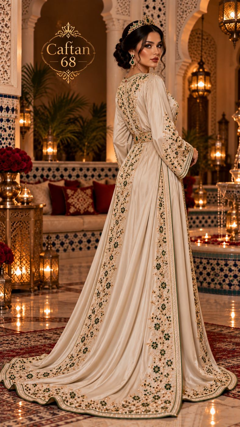 Caftan Ivoire et Émeraude – Broderies Dorées — 2