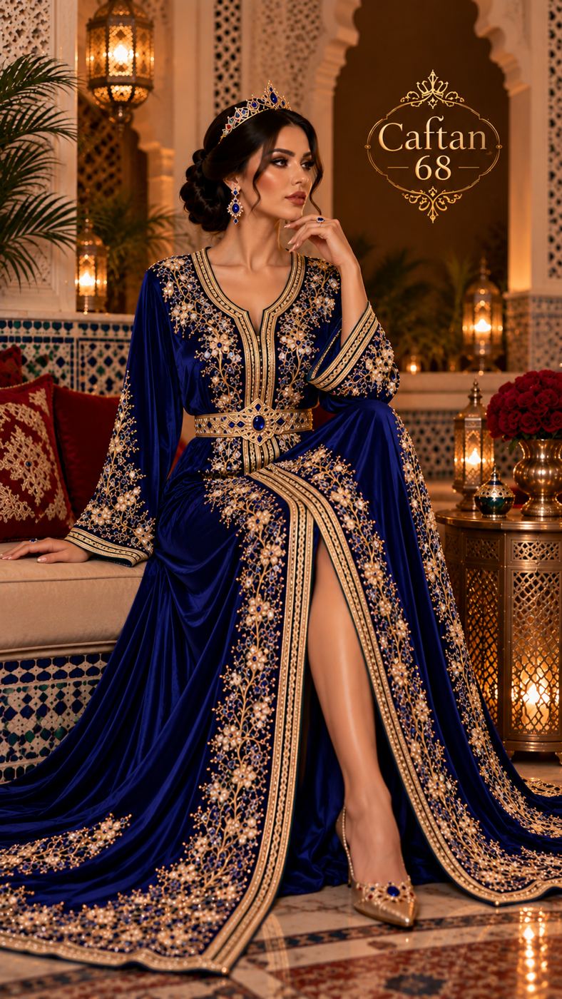 Caftan Saphir Royal – Broderies Dorées et Perles — 3