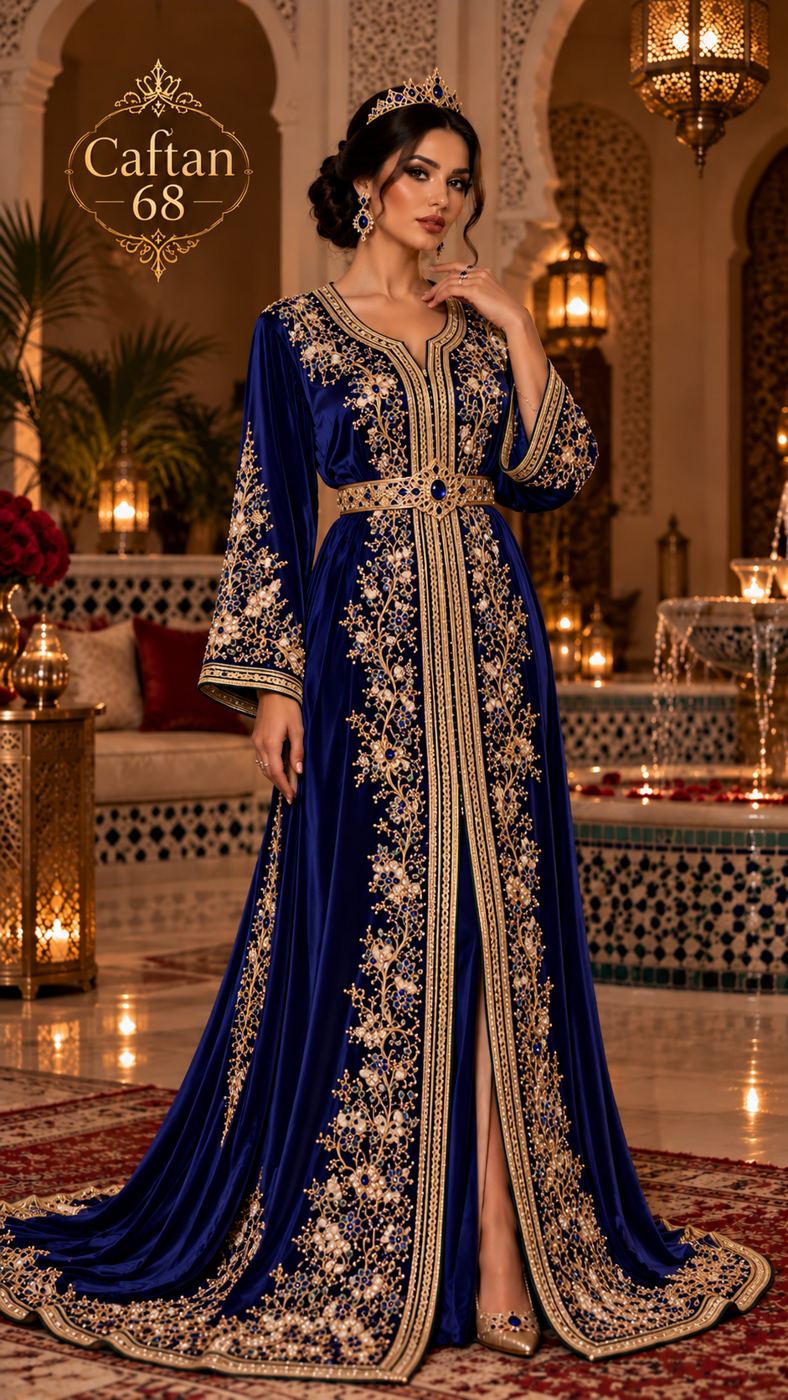 Caftan Saphir Royal – Broderies Dorées et Perles
