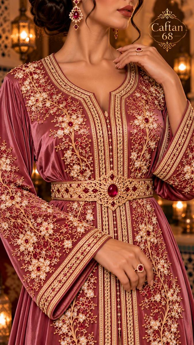 Caftan Rose Royal – Broderies Dorées, Perles et Pierres Rubis — 4