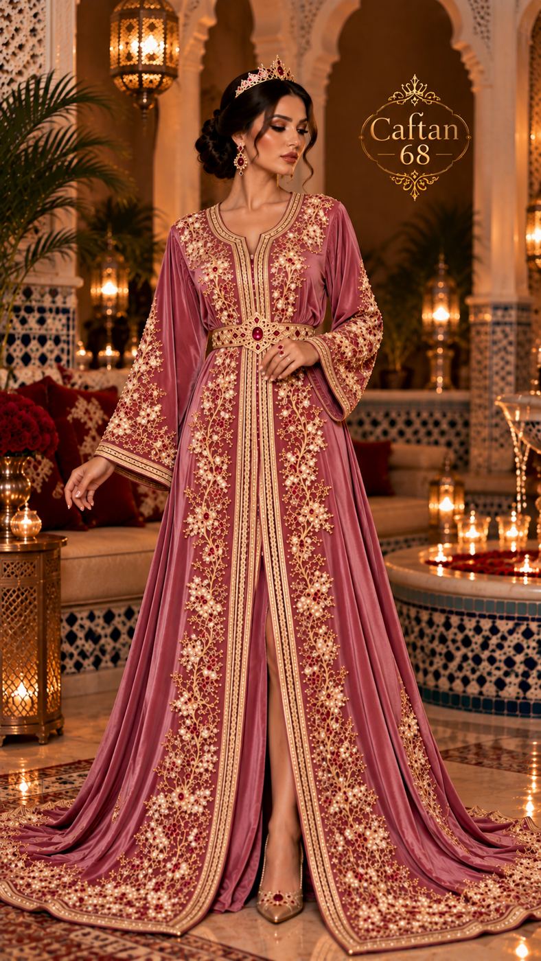 Caftan Rose Royal – Broderies Dorées, Perles et Pierres Rubis — 2