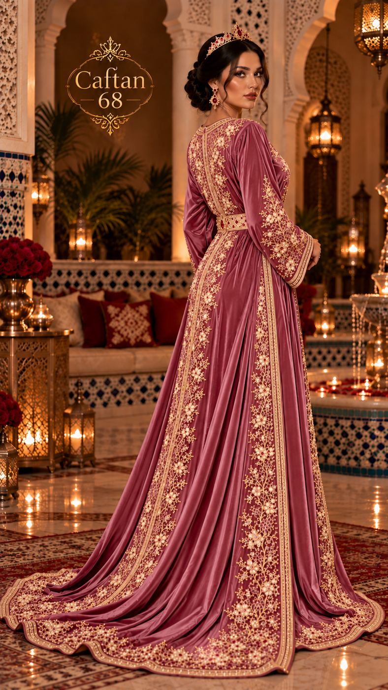 Caftan Rose Royal – Broderies Dorées, Perles et Pierres Rubis — 3