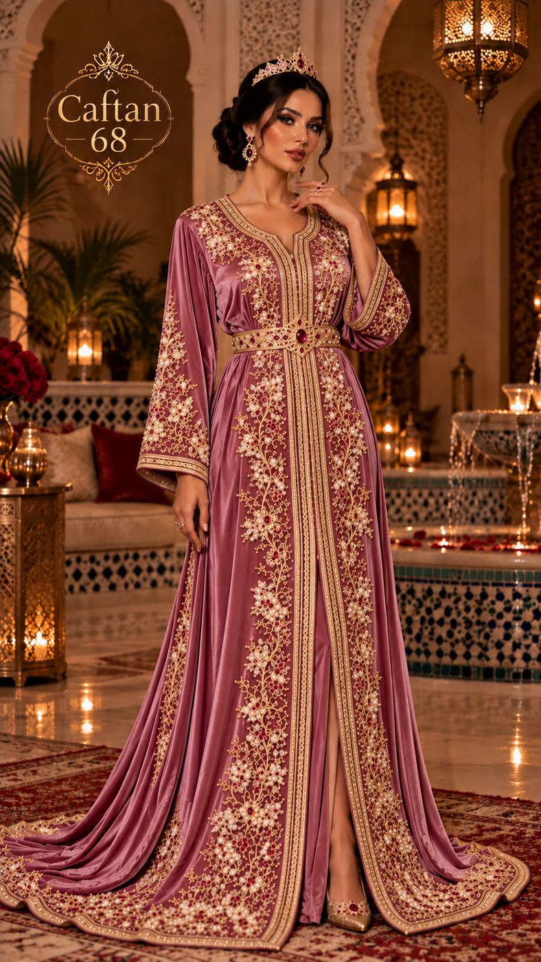 Caftan Rose Royal – Broderies Dorées, Perles et Pierres Rubis