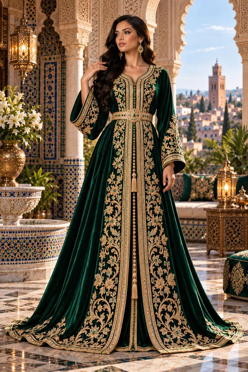 Caftan Fassi Royal Émeraude en Velours – Élégance Marocaine
