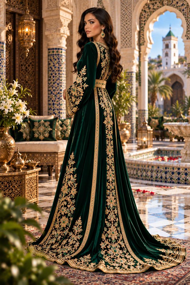Caftan Fassi Royal Émeraude en Velours – Élégance Marocaine — 2