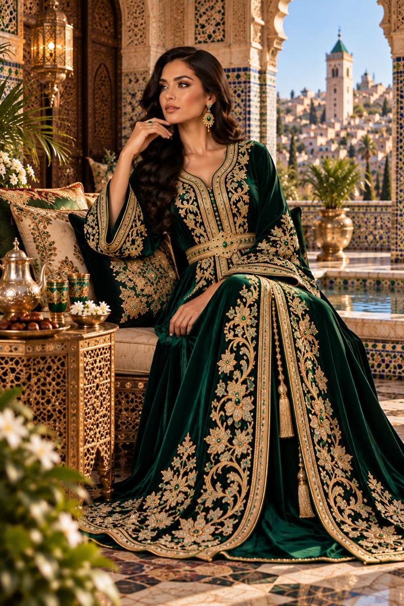 Caftan Fassi Royal Émeraude en Velours – Élégance Marocaine — 3