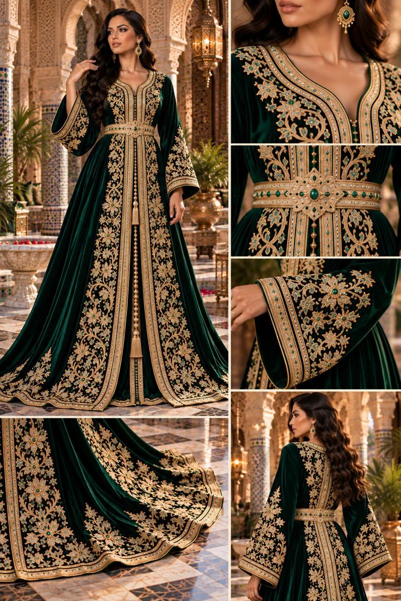 Caftan Fassi Royal Émeraude en Velours – Élégance Marocaine — 4